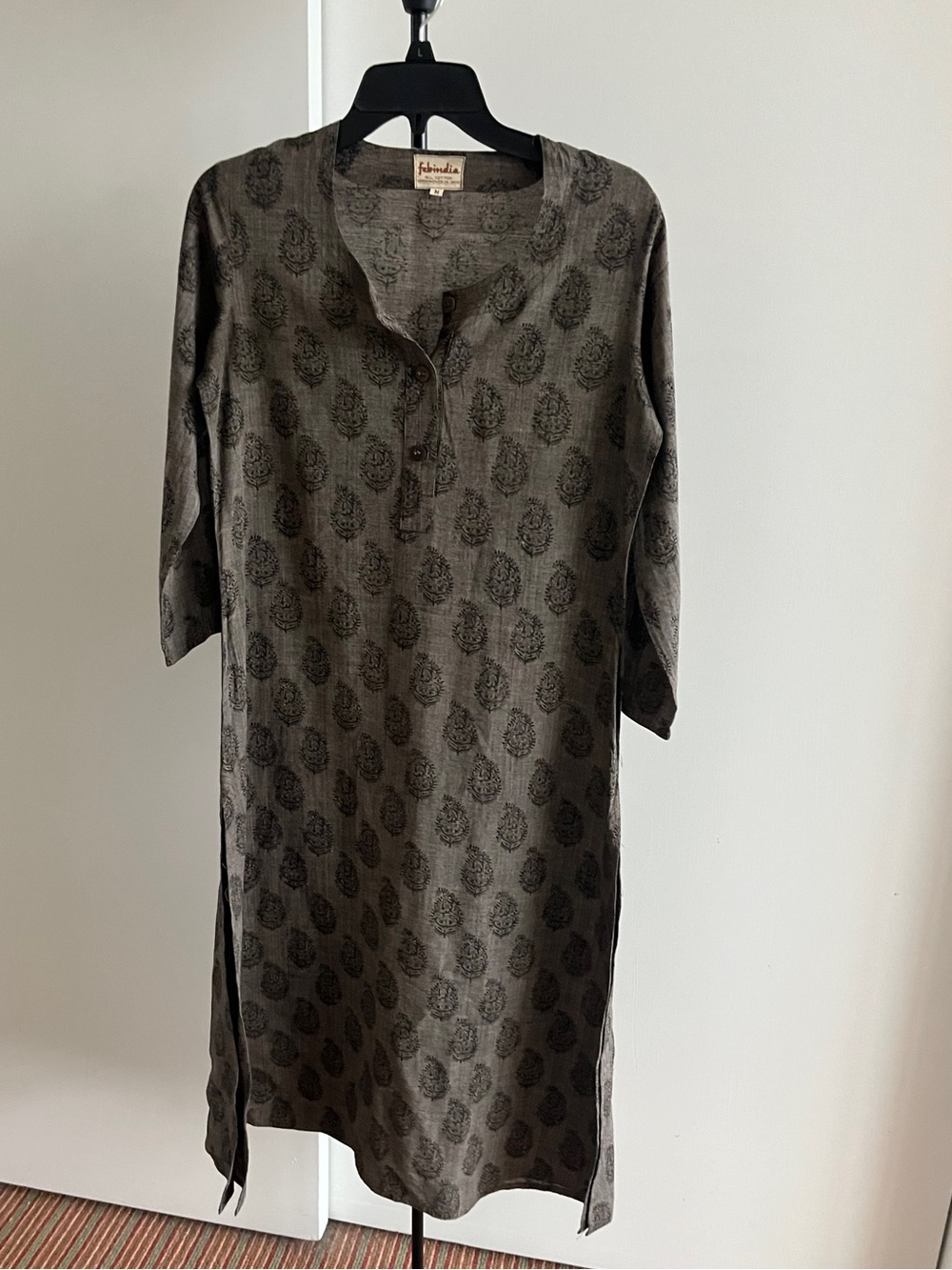 Fabindia Kurta Dress 100% Cotton Mangalgiri Floral Hand Block Print Gray Black M